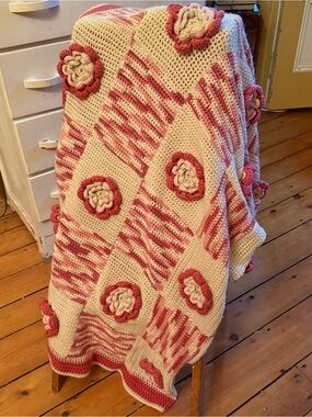 Handmade Crochet Throw Blanket with Pink Floral Accents